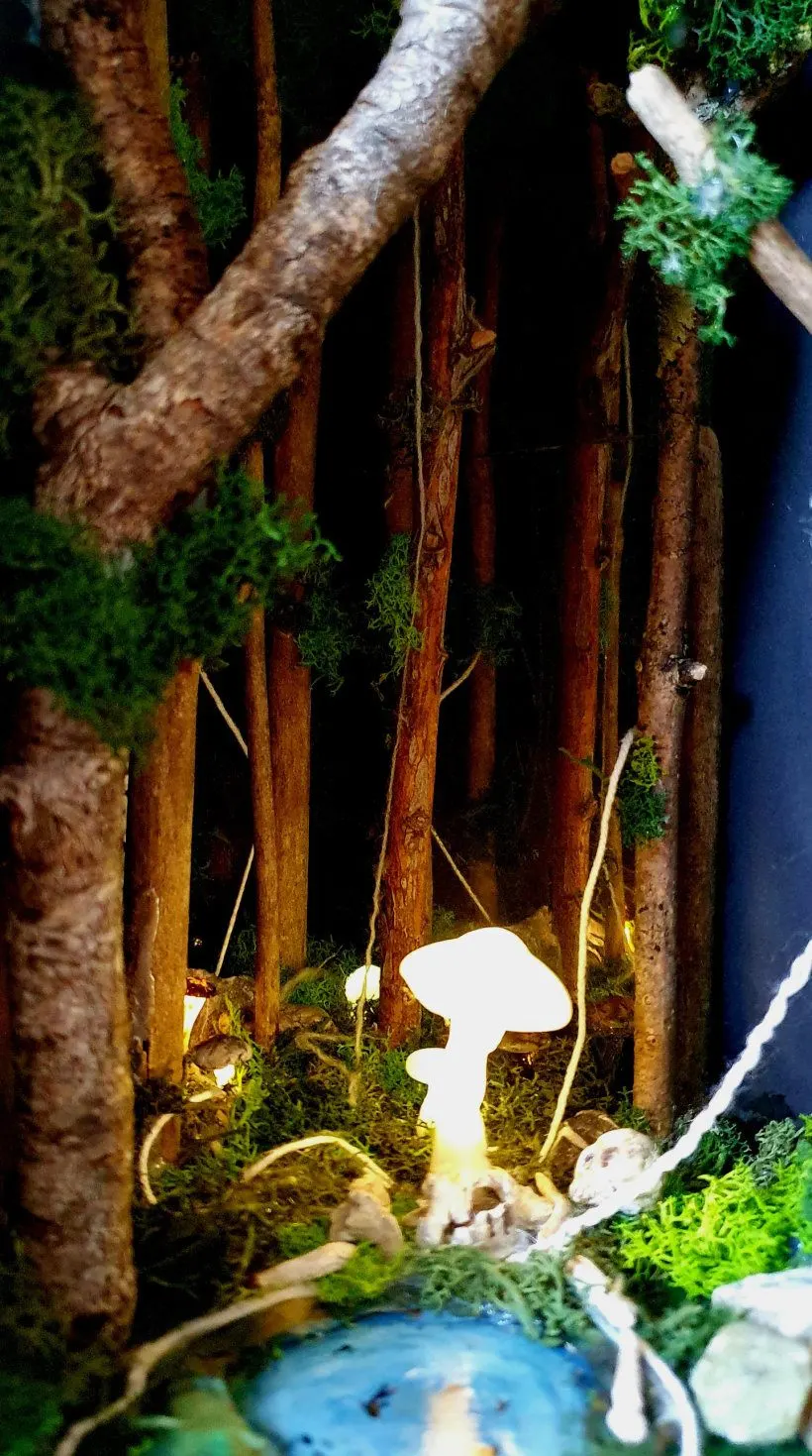 Mini-Wald-Diorama mit leuchtendem Pilz aus dem Kunstunterricht