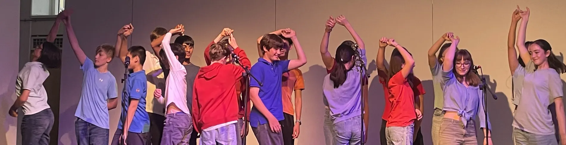 Schülerinnen und Schüler stehen beim Sommerkonzert nebeneinander auf der Bühne, die Arme erhoben und ineinander gehakt